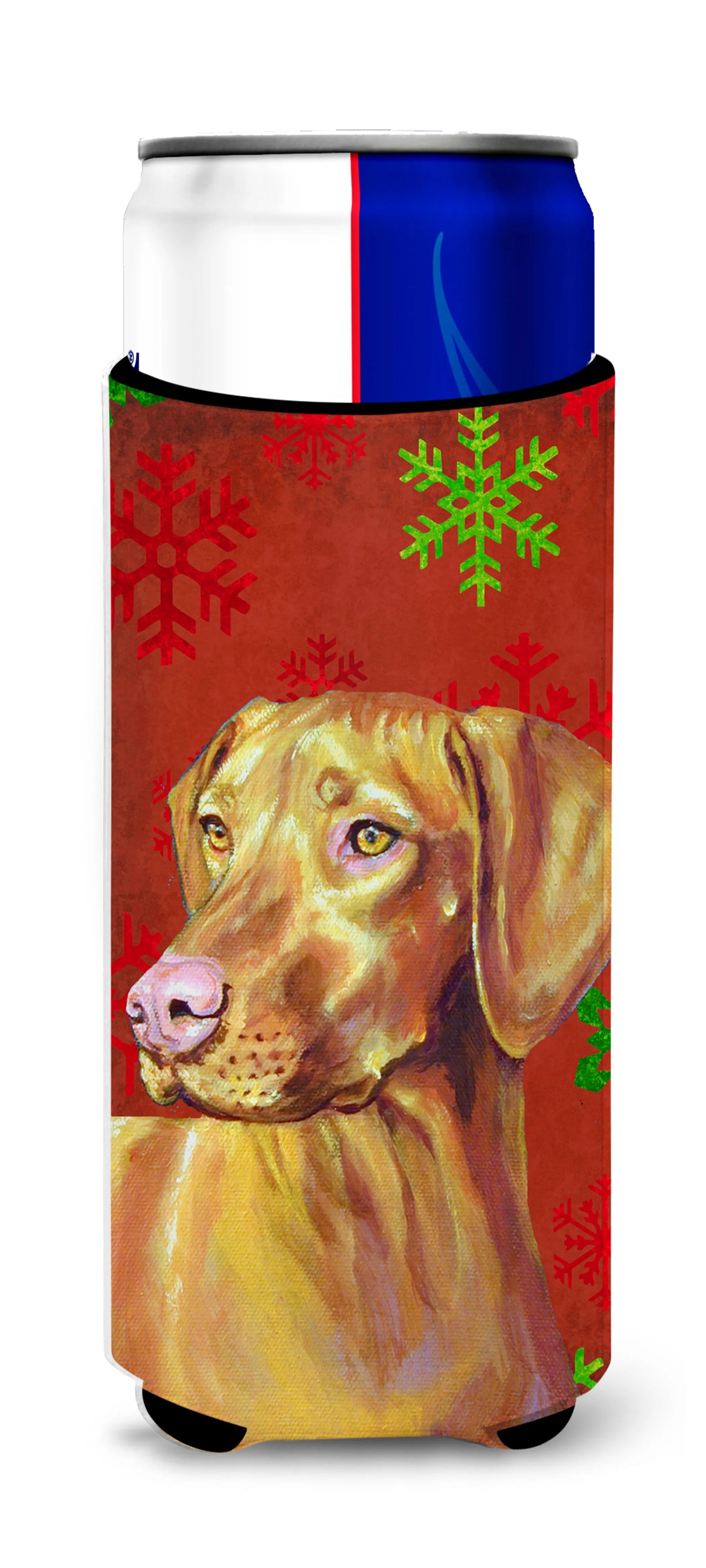 Red and Green Snowflakes Holiday Christmas Design with Dog Ultra Hugger for slim cans