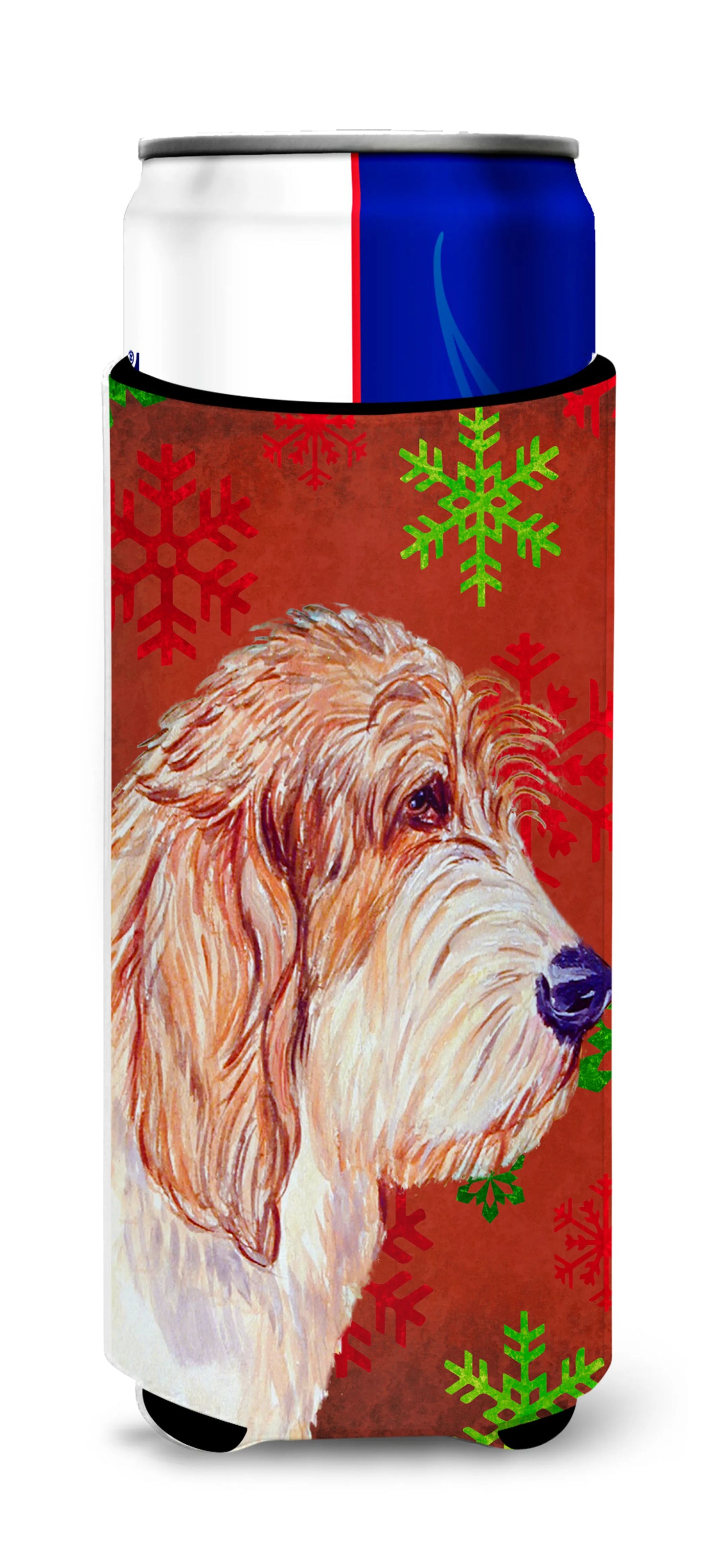 Red and Green Snowflakes Holiday Christmas Design with Dog Ultra Hugger for slim cans