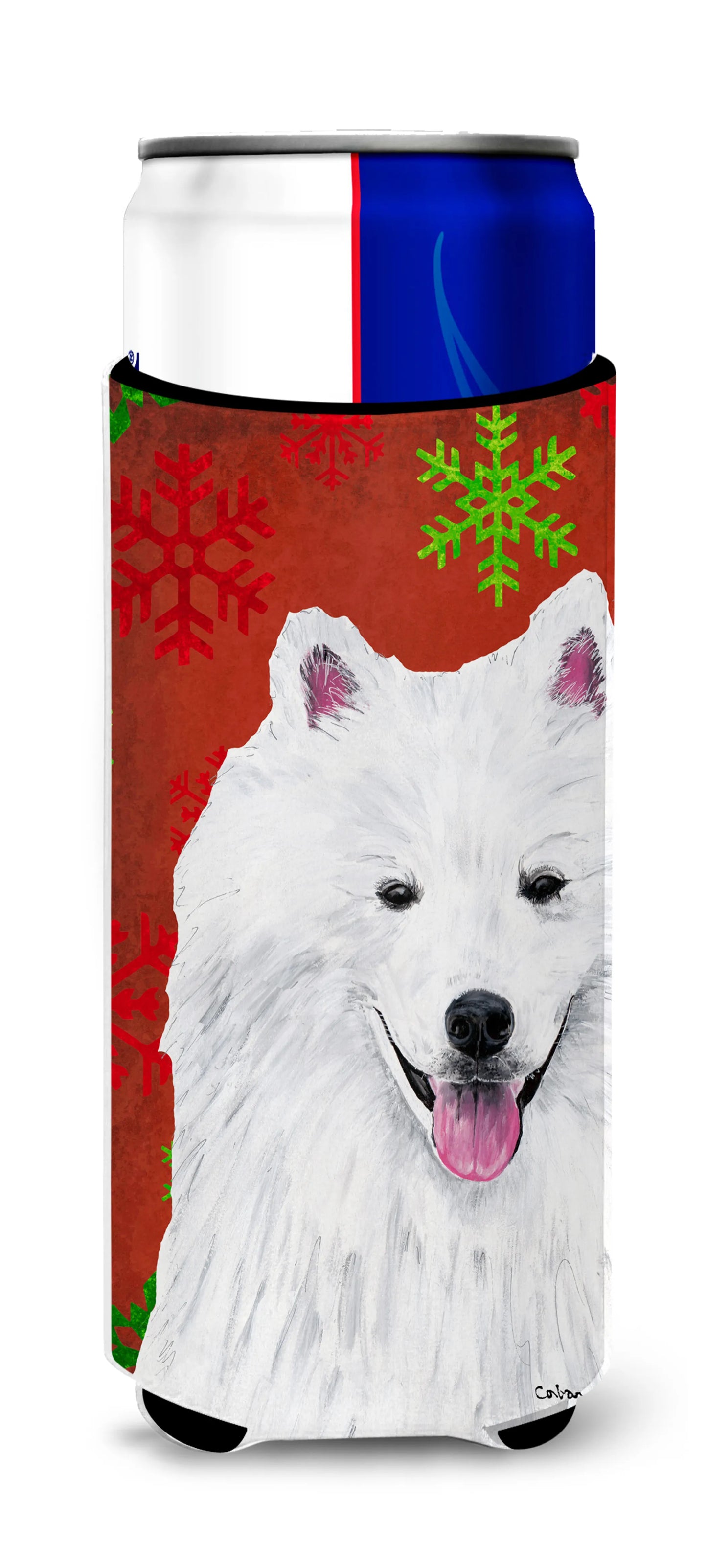 Red and Green Snowflakes Christmas Design with Dog Ultra Hugger for slim cans