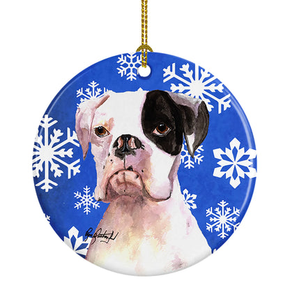 Dog and Winter Snowflakes Ceramic Ornament