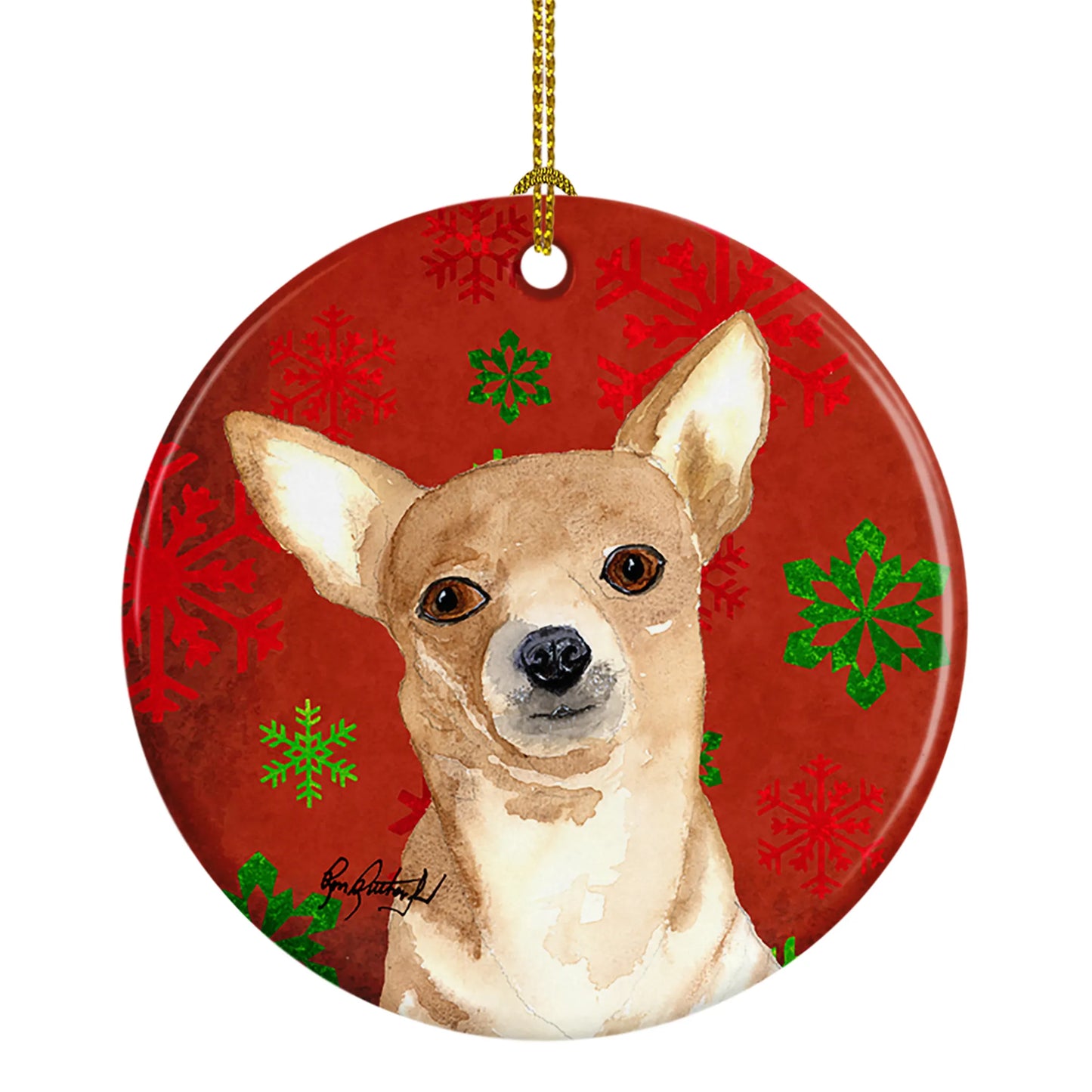 Dog and Christmas Snowflakes Ceramic Ornament