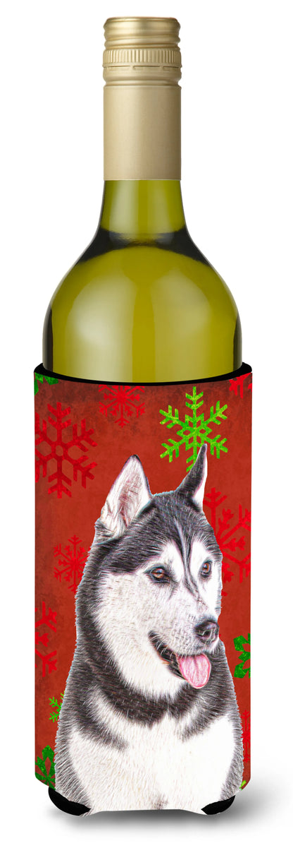 Red and Green Snowflakes Holiday Christmas Design with Dog Wine Bottle Hugger