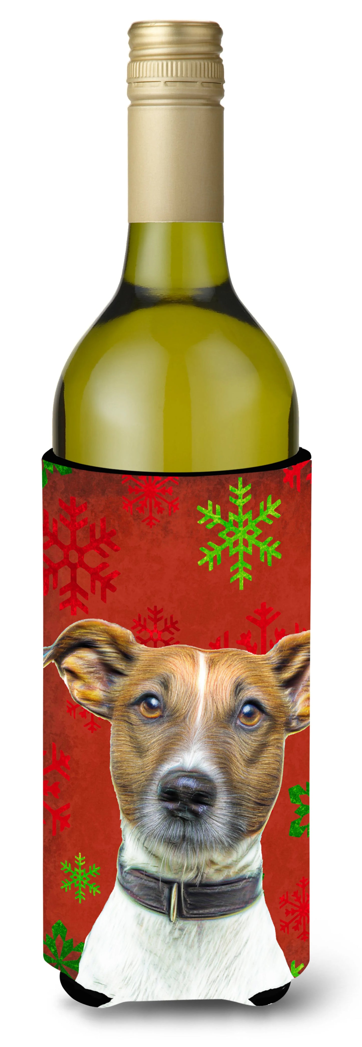 Red and Green Snowflakes Holiday Christmas Design with Dog Wine Bottle Hugger