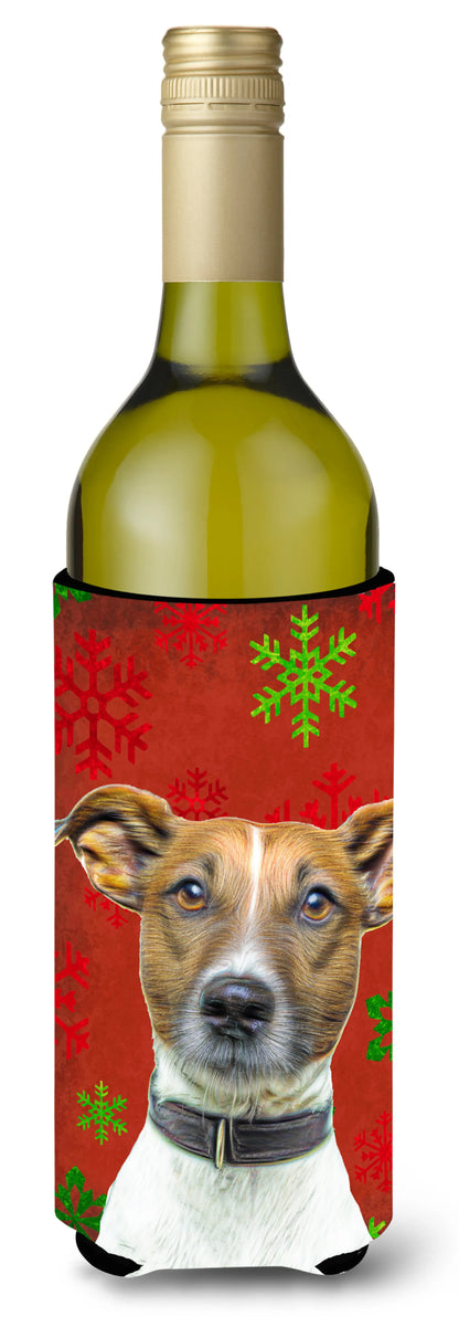 Red and Green Snowflakes Holiday Christmas Design with Dog Wine Bottle Hugger