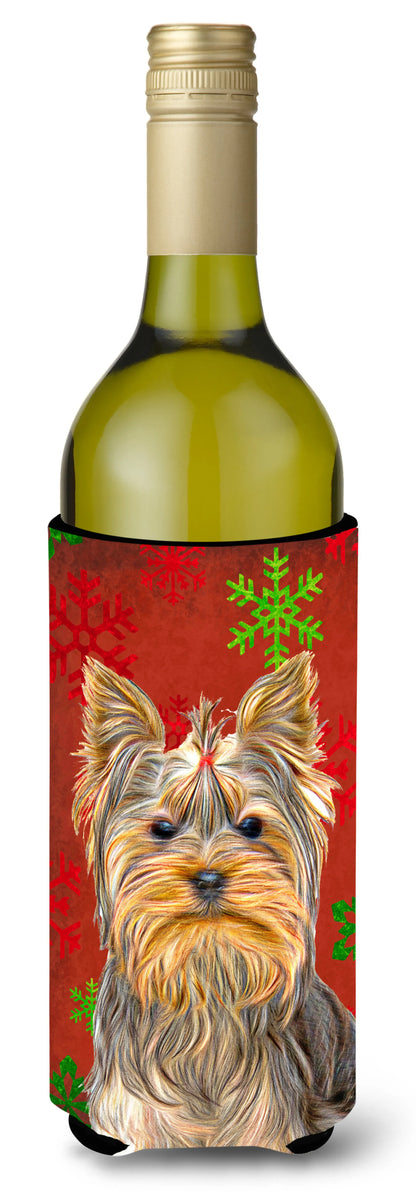 Red and Green Snowflakes Holiday Christmas Design with Dog Wine Bottle Hugger