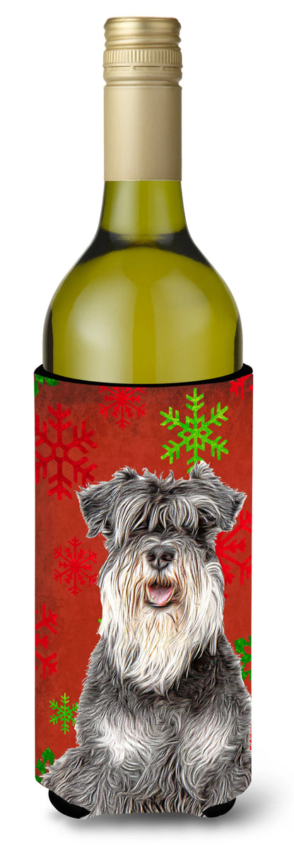 Red and Green Snowflakes Holiday Christmas Design with Dog Wine Bottle Hugger