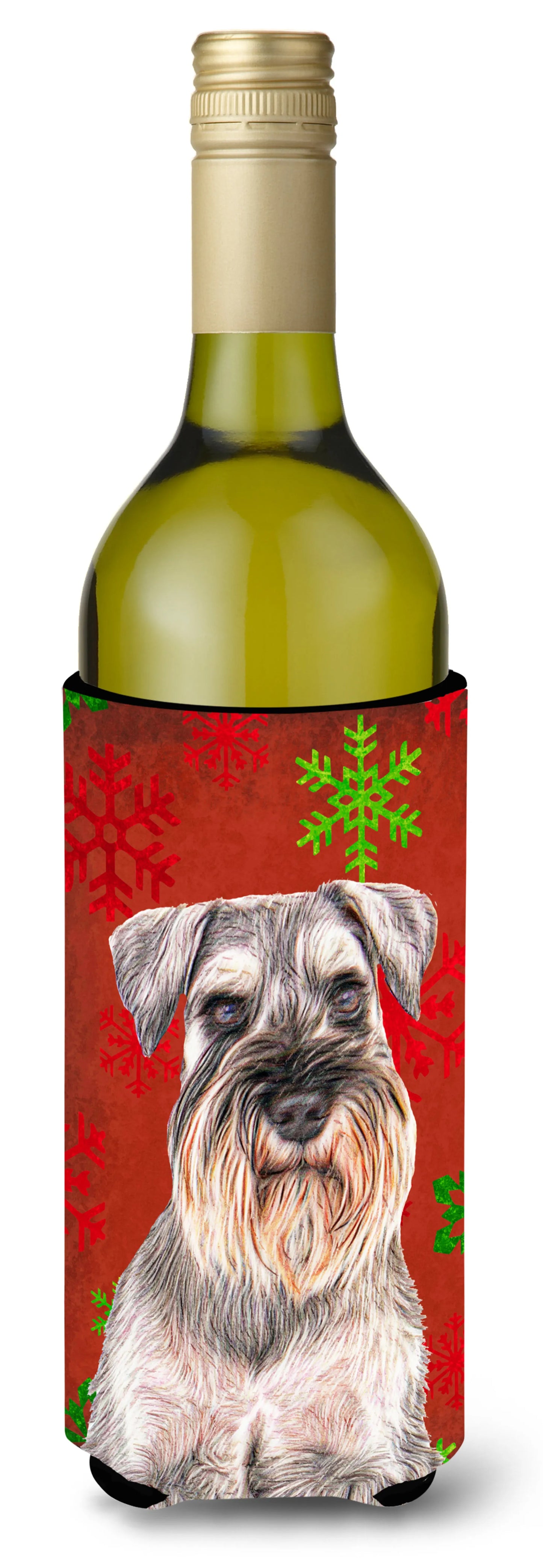 Red and Green Snowflakes Holiday Christmas Design with Dog Wine Bottle Hugger