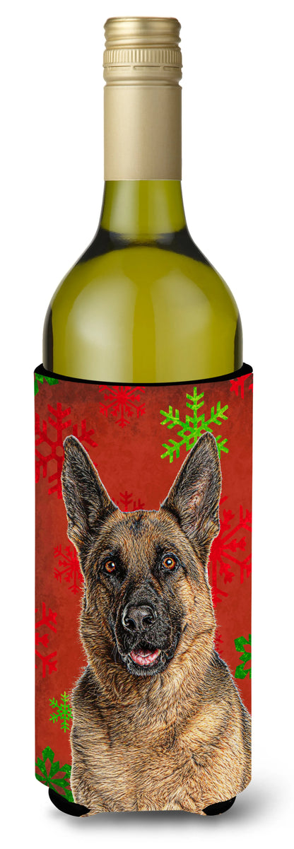 Red and Green Snowflakes Holiday Christmas Design with Dog Wine Bottle Hugger