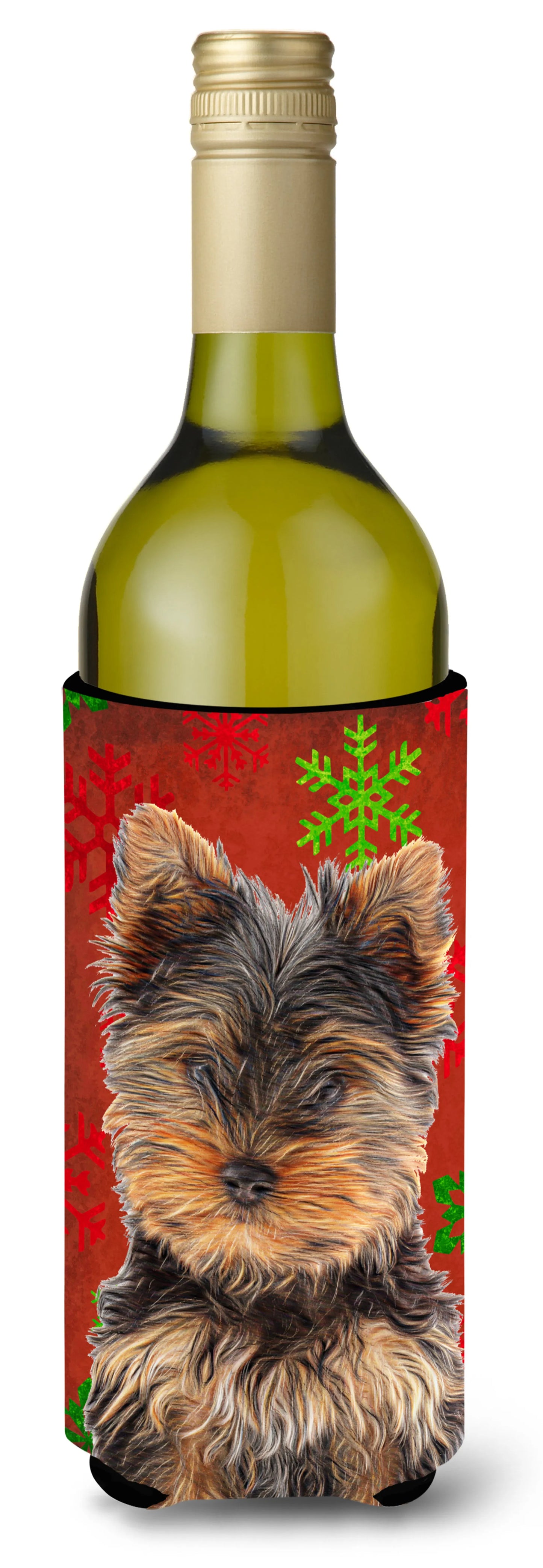 Red and Green Snowflakes Holiday Christmas Design with Dog Wine Bottle Hugger