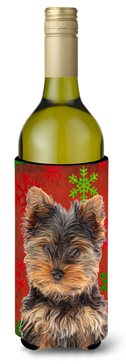 Red and Green Snowflakes Holiday Christmas Design with Dog Wine Bottle Hugger