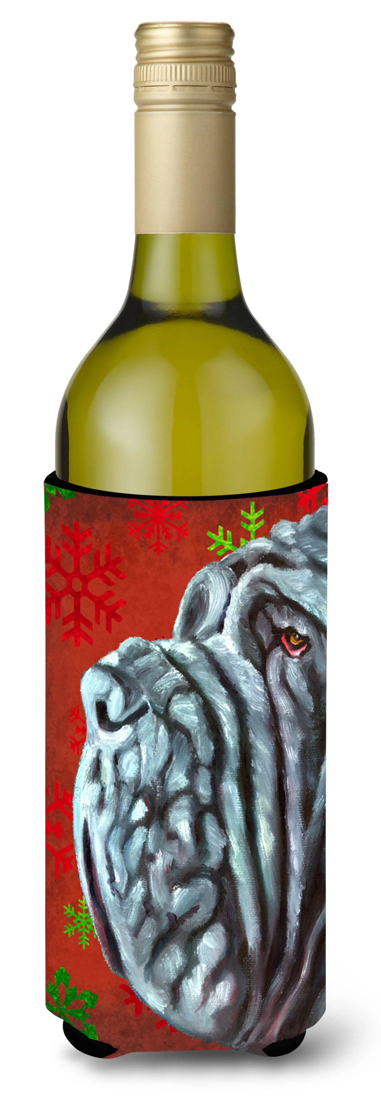 Red and Green Snowflakes Holiday Christmas Design with Dog Wine Bottle Hugger