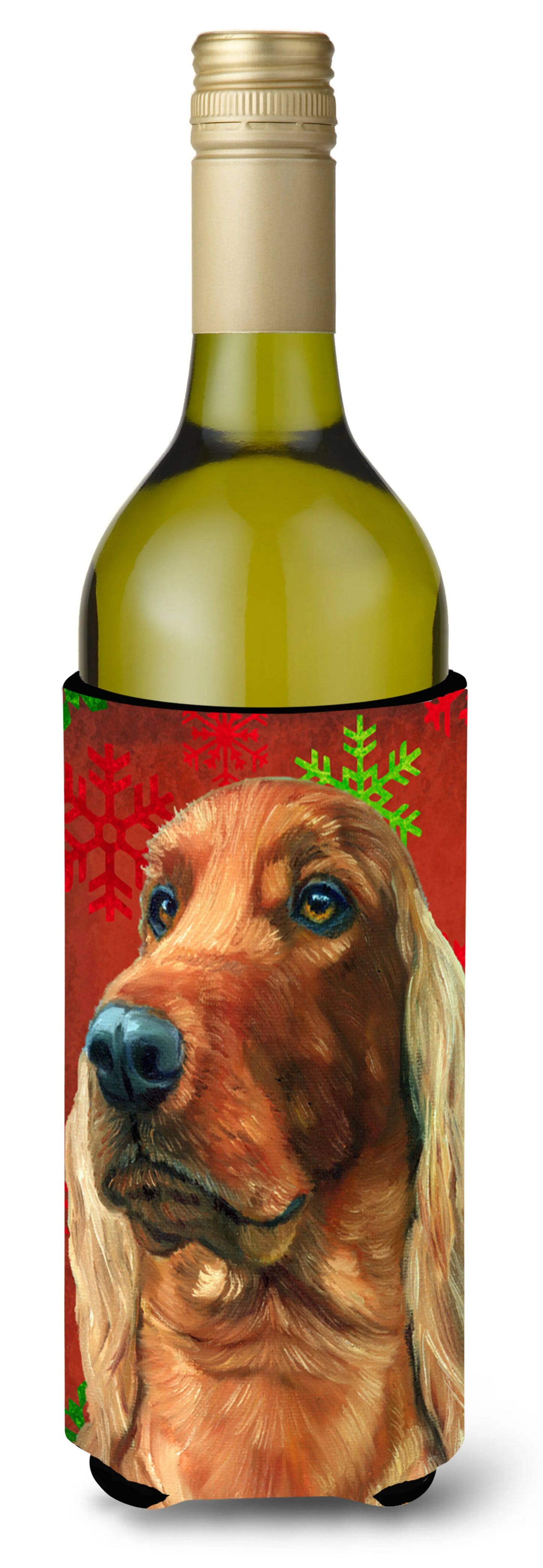 Red and Green Snowflakes Holiday Christmas Design with Dog Wine Bottle Hugger