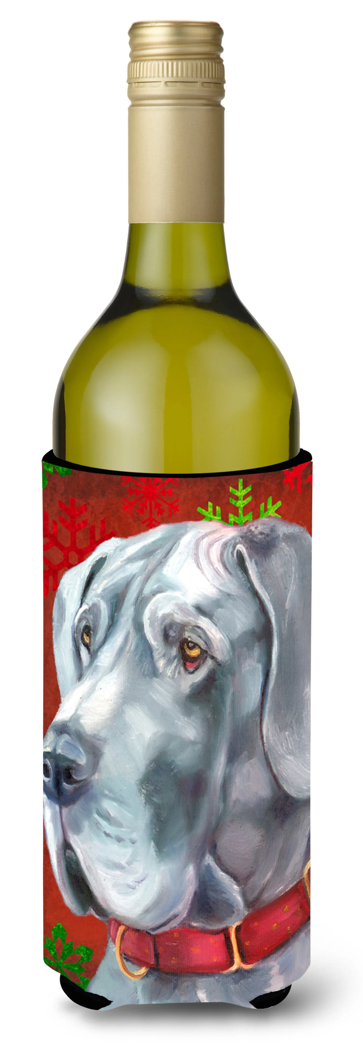 Red and Green Snowflakes Holiday Christmas Design with Dog Wine Bottle Hugger