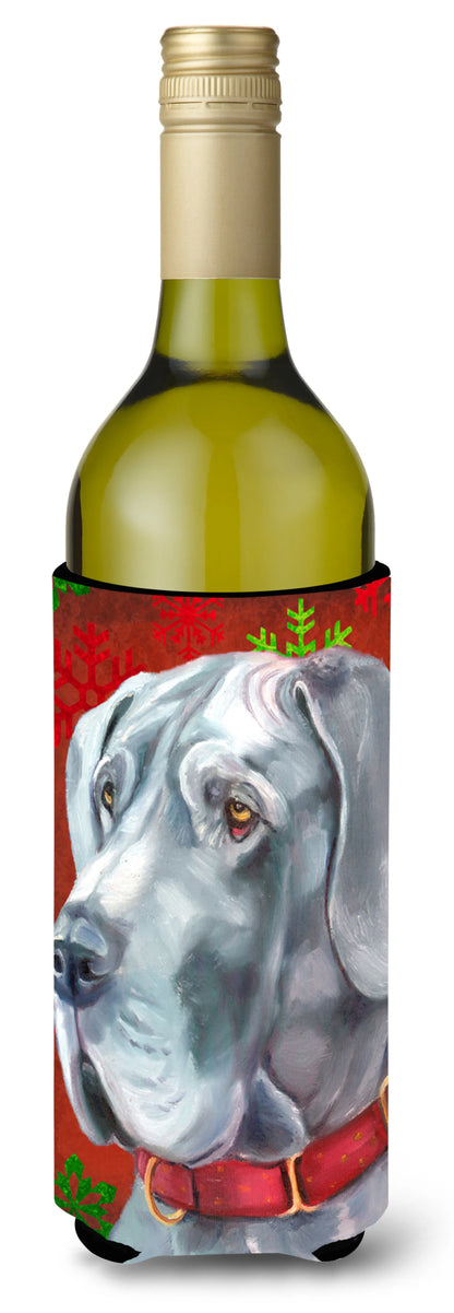 Red and Green Snowflakes Holiday Christmas Design with Dog Wine Bottle Hugger