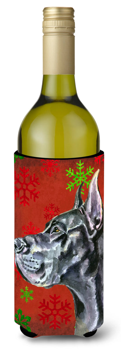 Red and Green Snowflakes Holiday Christmas Design with Dog Wine Bottle Hugger