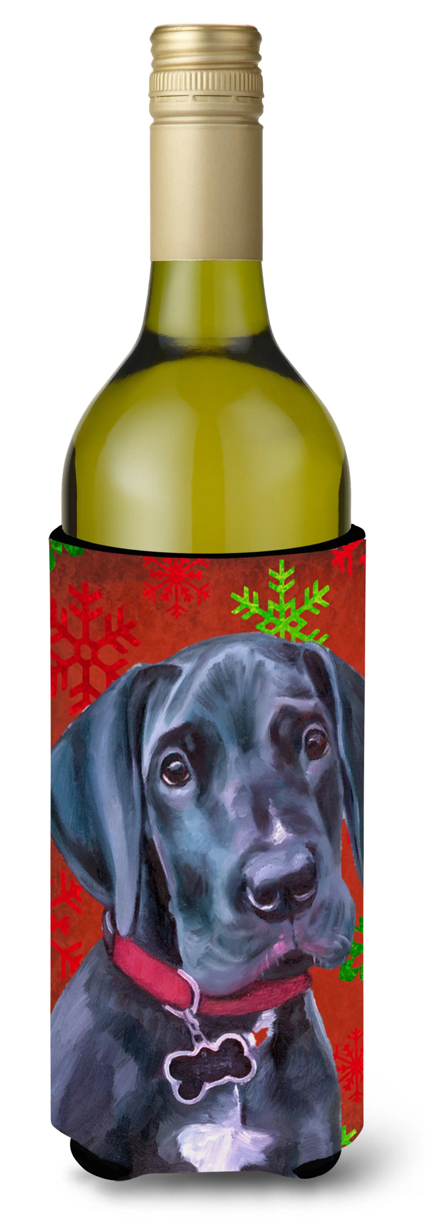 Red and Green Snowflakes Holiday Christmas Design with Dog Wine Bottle Hugger