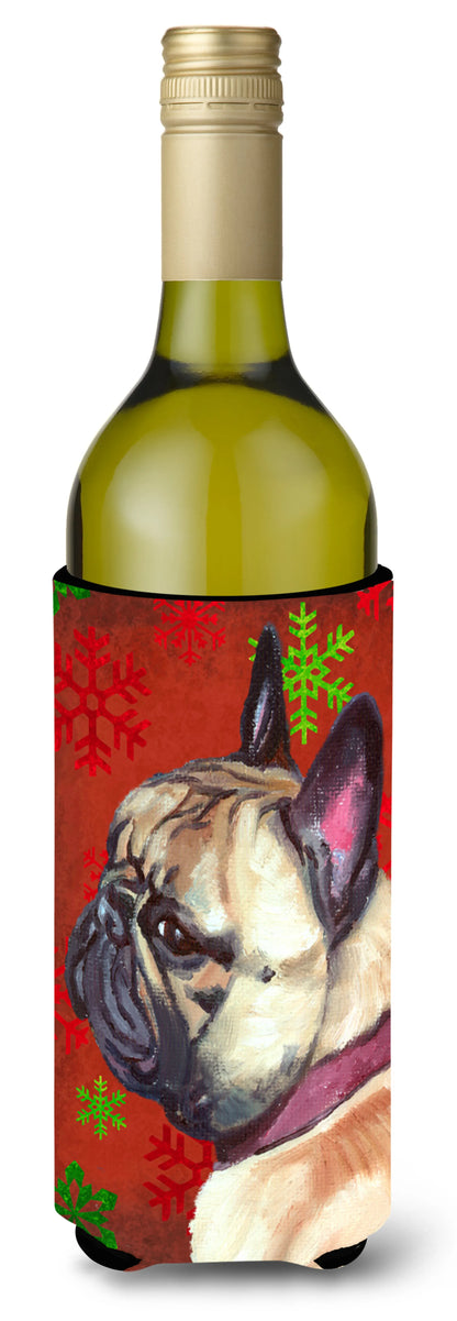 Red and Green Snowflakes Holiday Christmas Design with Dog Wine Bottle Hugger