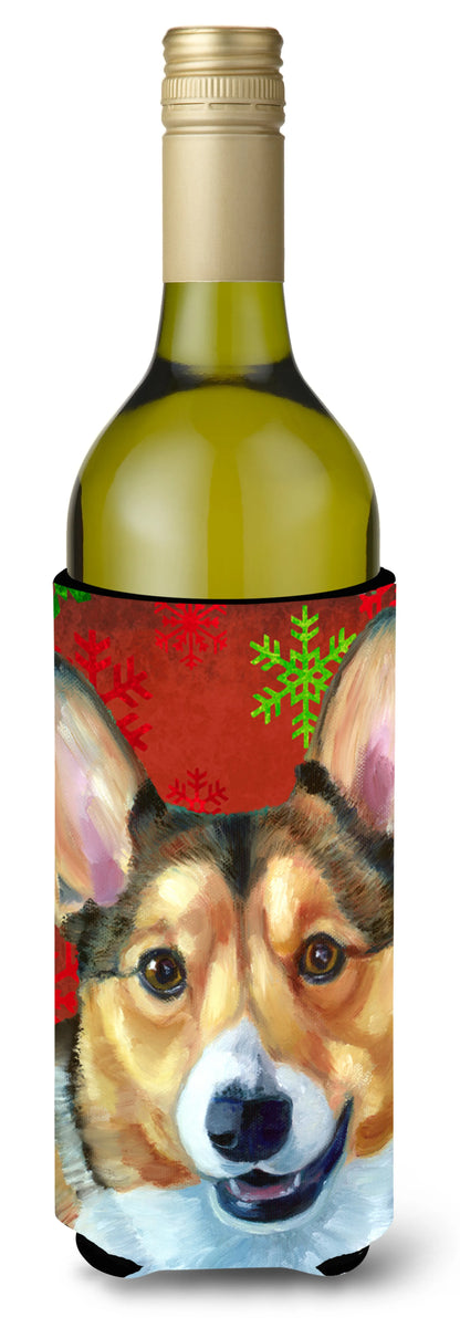 Red and Green Snowflakes Holiday Christmas Design with Dog Wine Bottle Hugger