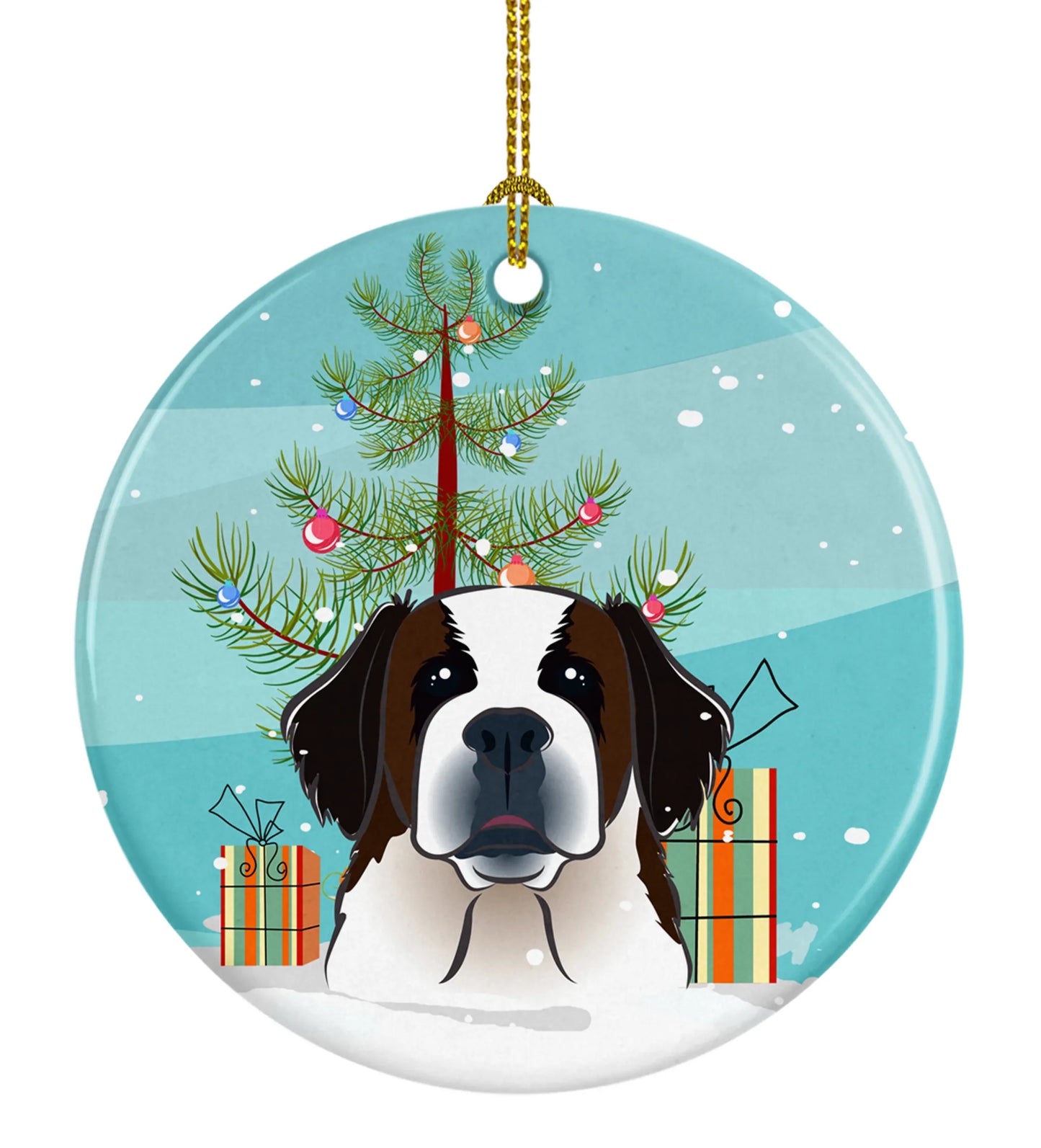 Christmas Tree and Dog on Ceramic Ornament