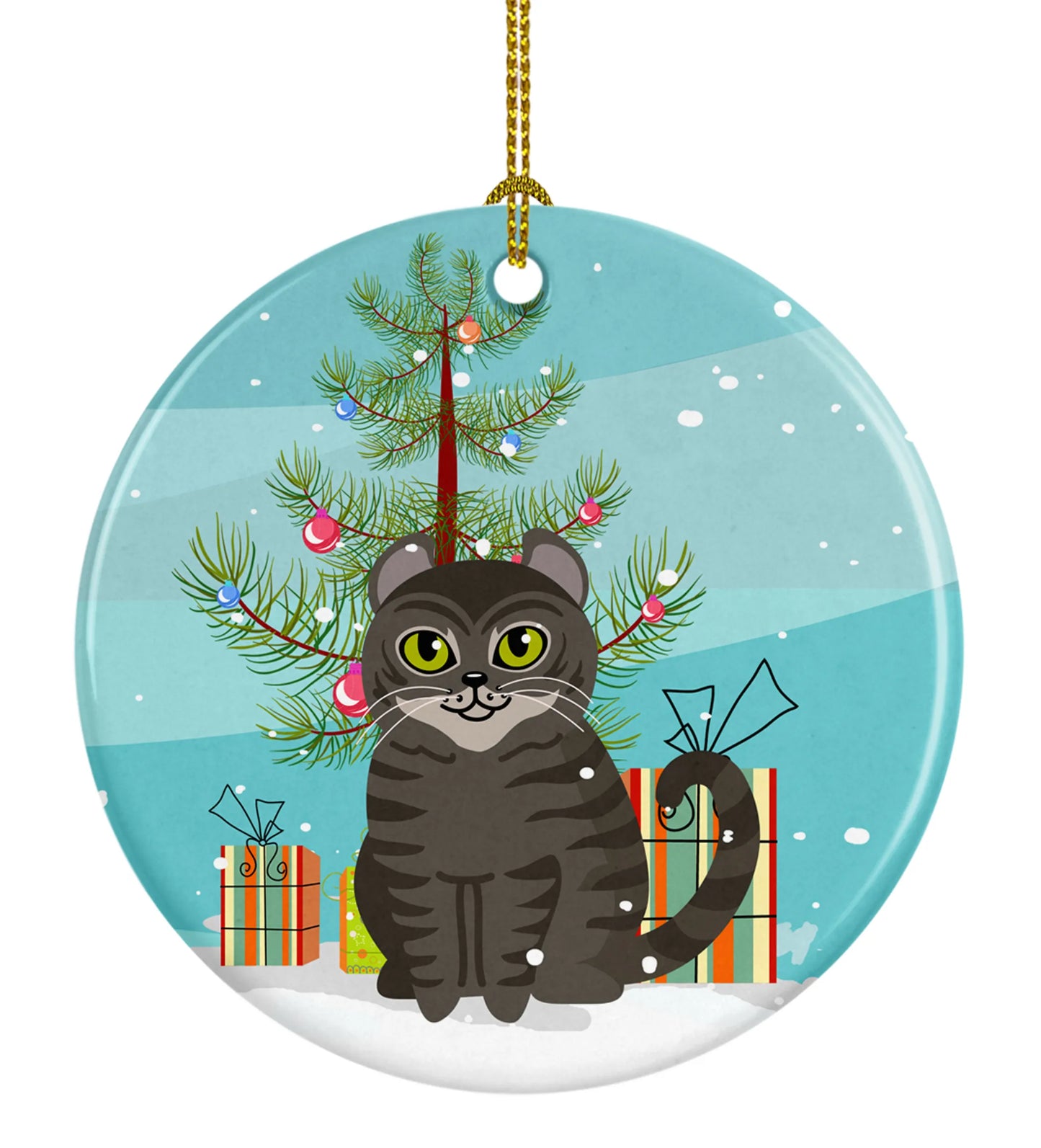 Merry Christmas Tree and Cat Ceramic Ornament