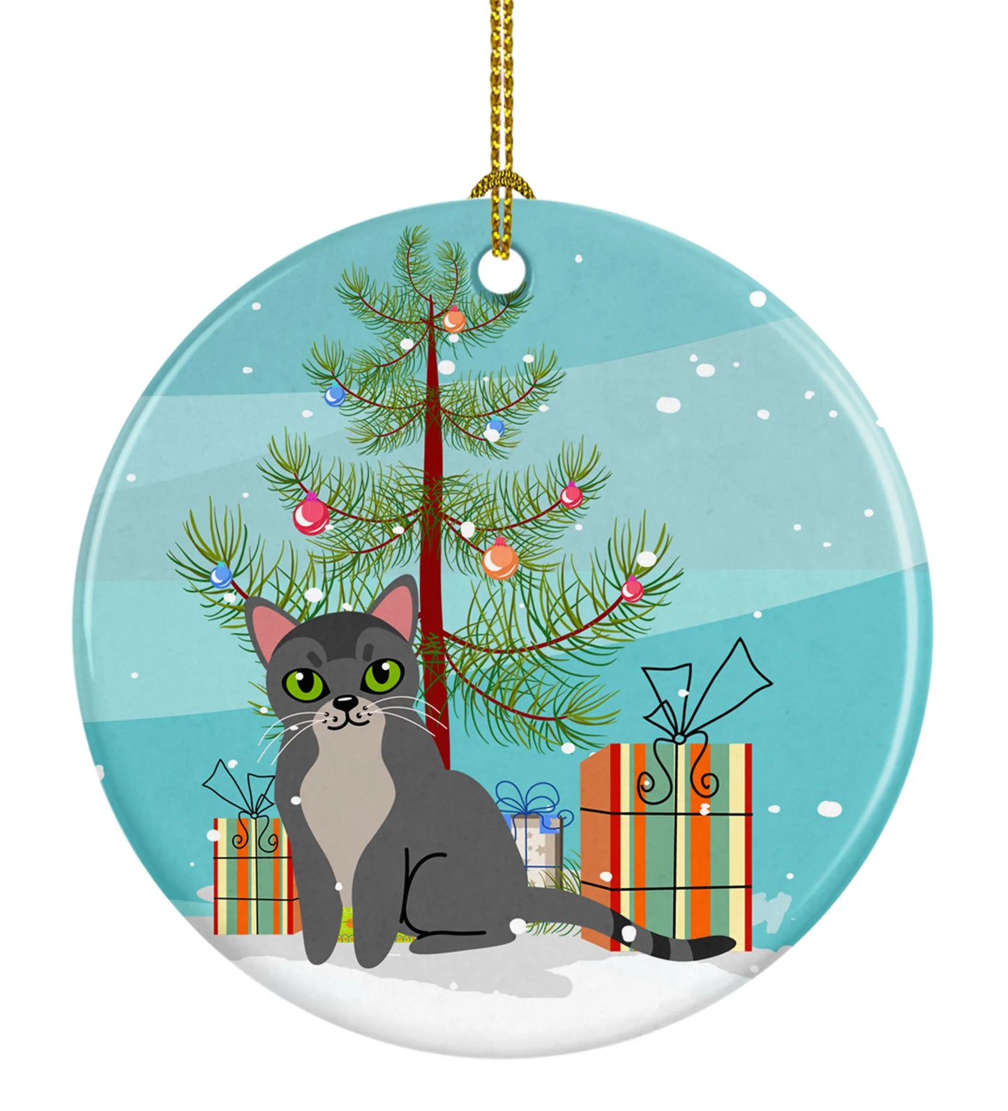 Merry Christmas Tree and Cat Ceramic Ornament