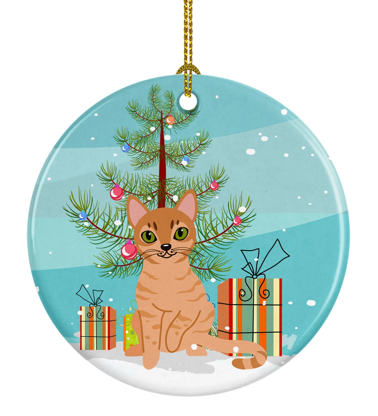 Merry Christmas Tree and Cat Ceramic Ornament