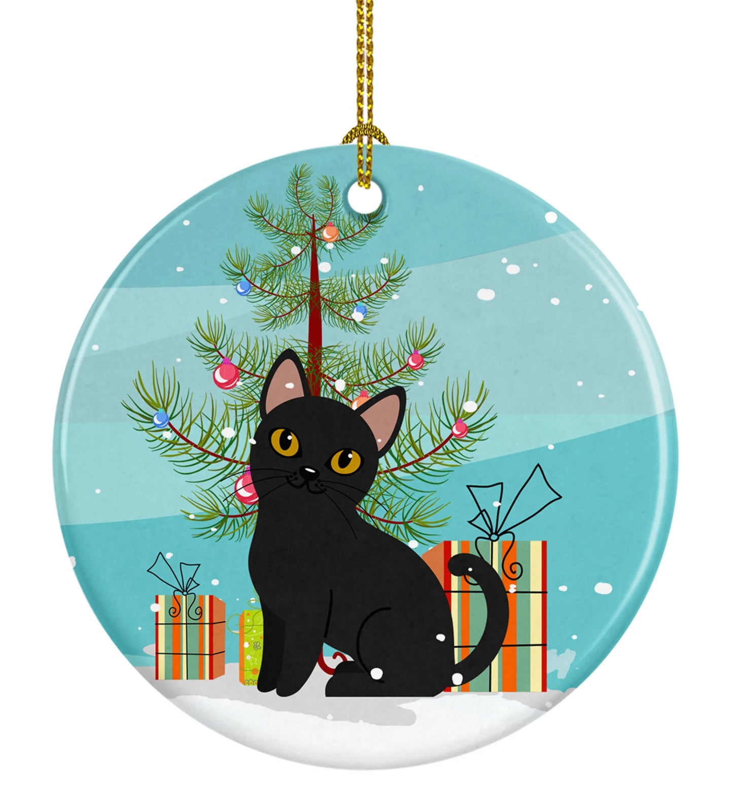 Merry Christmas Tree and Cat Ceramic Ornament