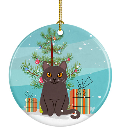 Merry Christmas Tree and Cat Ceramic Ornament