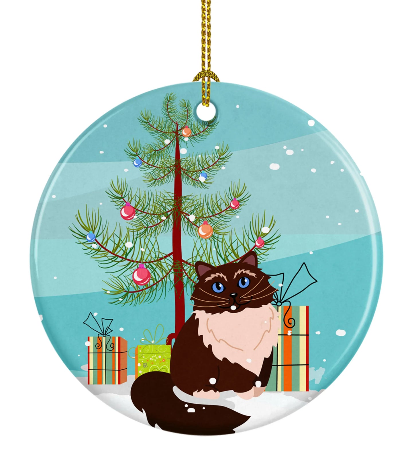 Merry Christmas Tree and Cat Ceramic Ornament