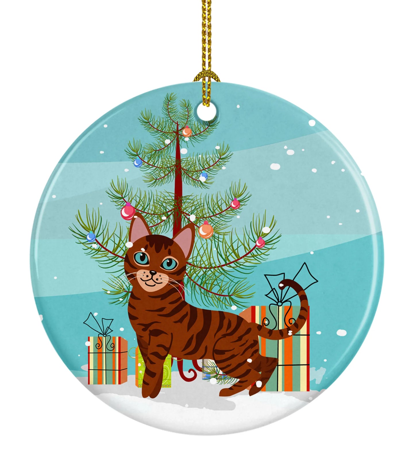 Merry Christmas Tree and Cat Ceramic Ornament