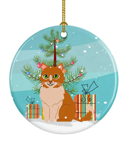 Merry Christmas Tree and Cat Ceramic Ornament