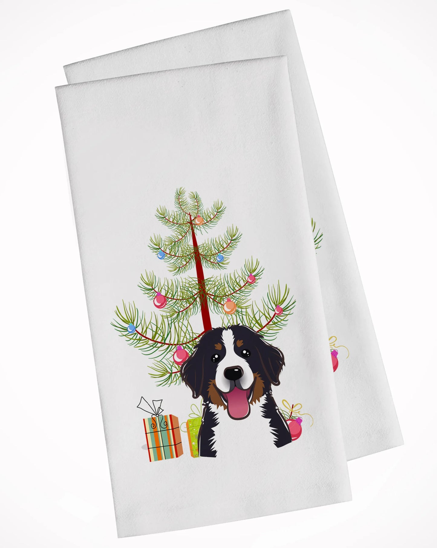 Christmas Tree and Dog White Kitchen Towel Set of 2