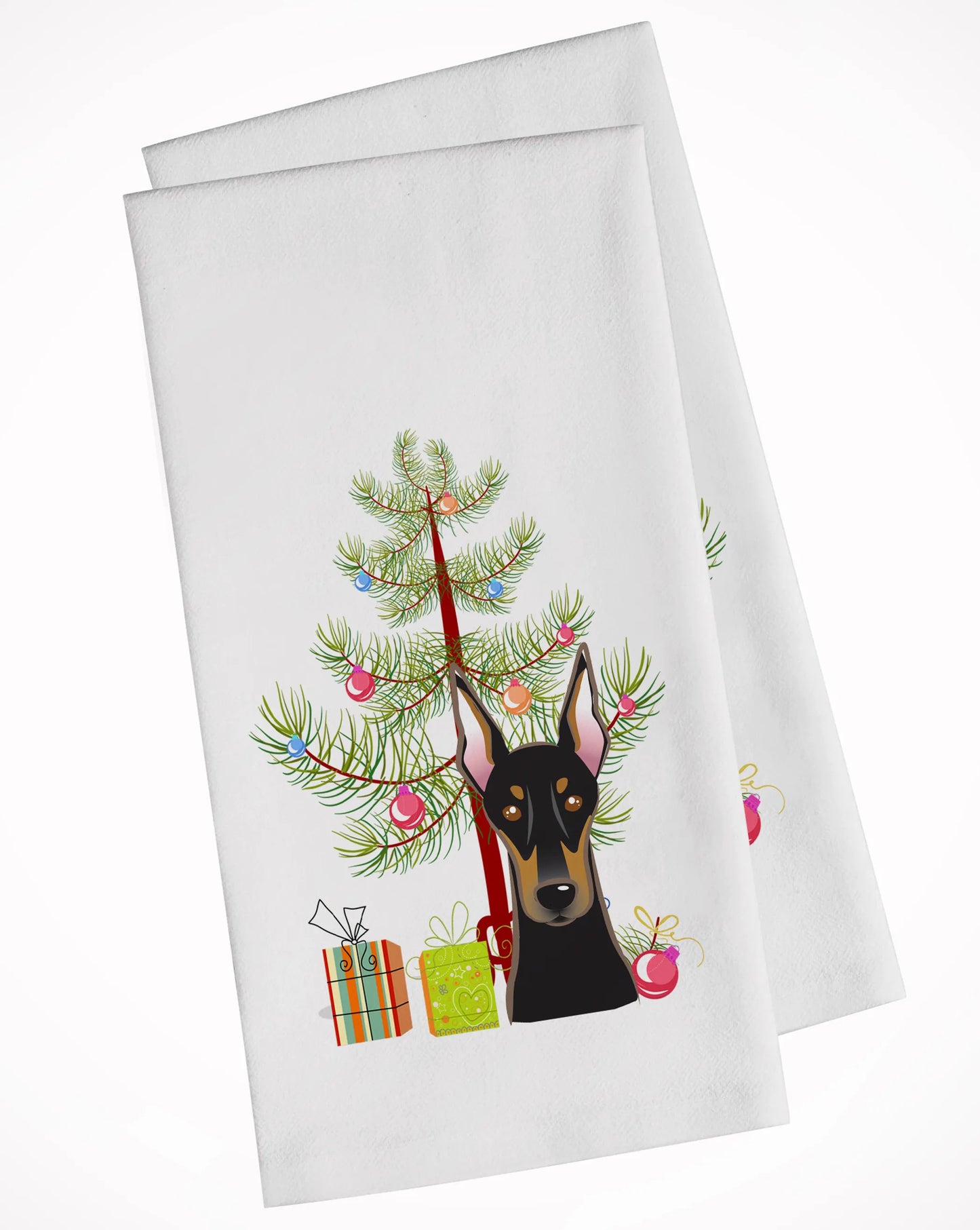 Christmas Tree and Dog White Kitchen Towel Set of 2