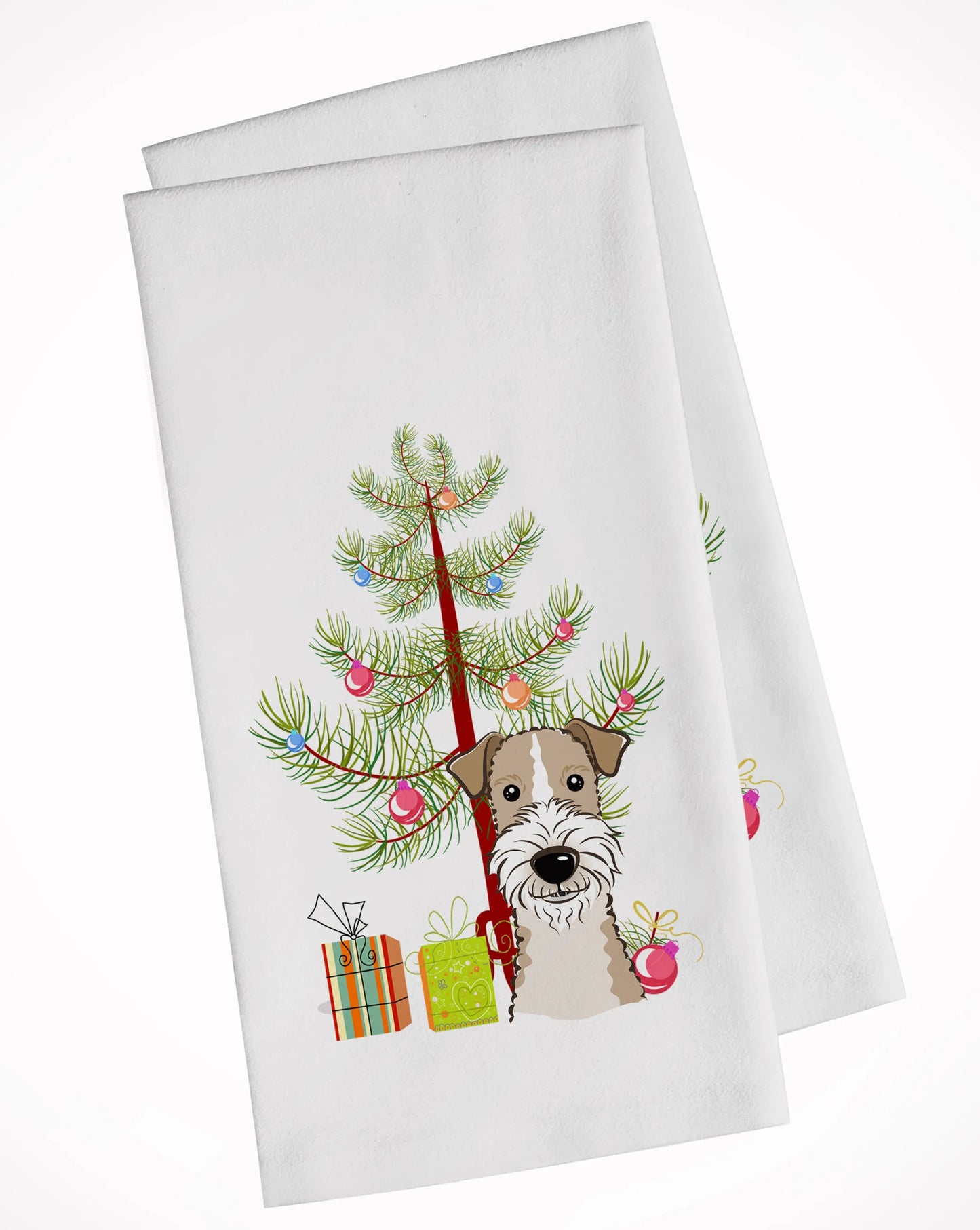 Christmas Tree and Dog White Kitchen Towel Set of 2