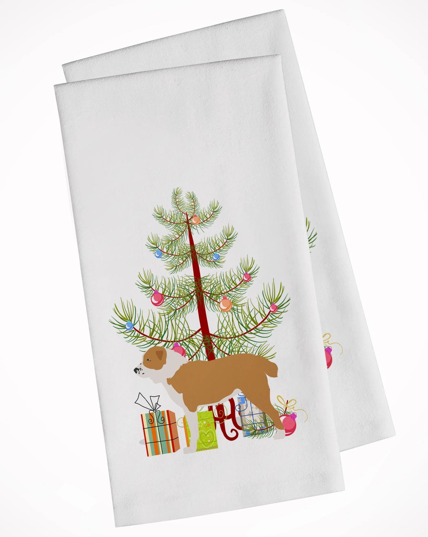 Christmas Tree and Dog White Kitchen Towel Set of 2