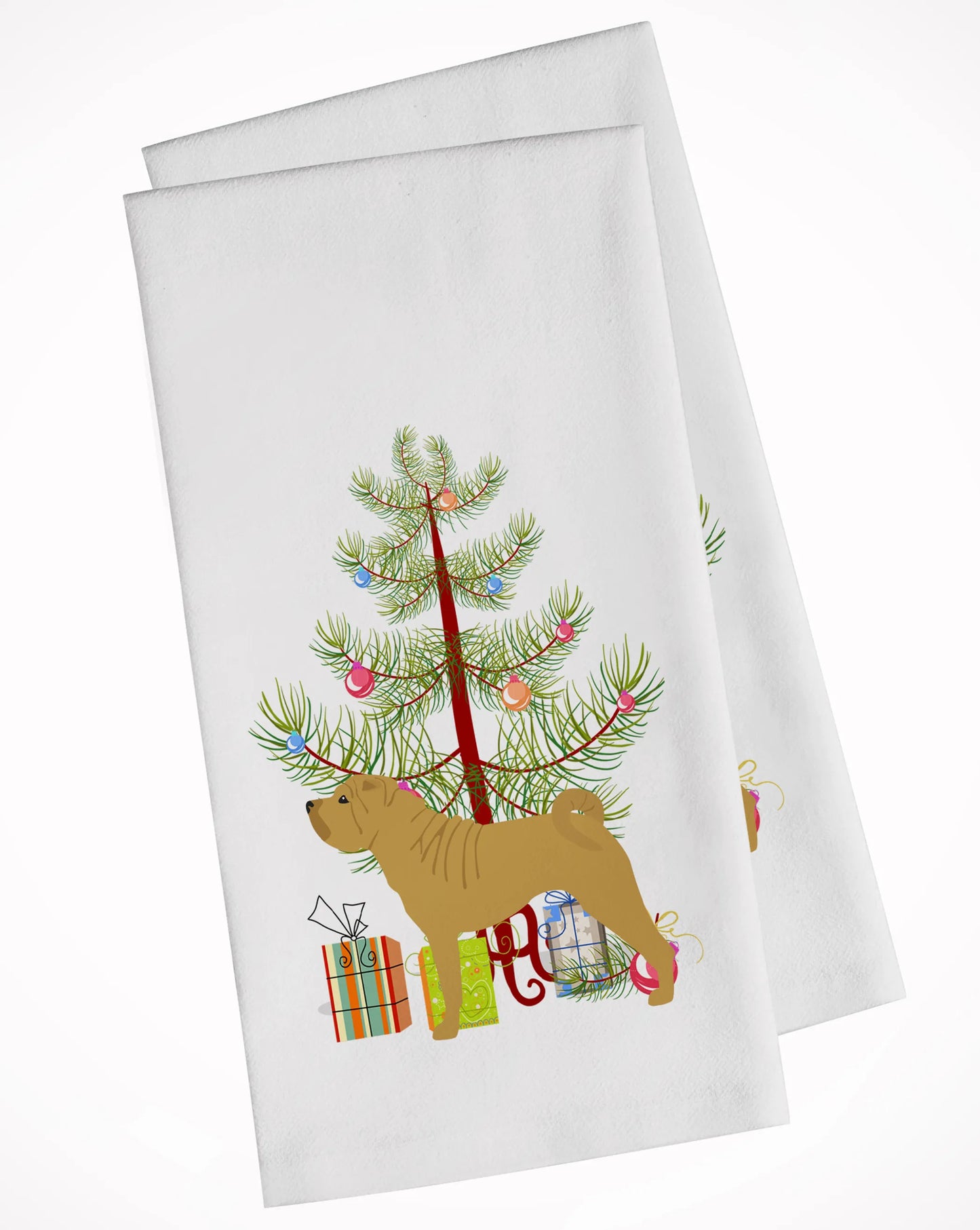 Christmas Tree and Dog White Kitchen Towel Set of 2