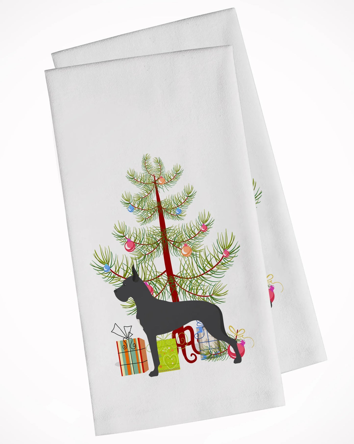 Christmas Tree and Dog White Kitchen Towel Set of 2