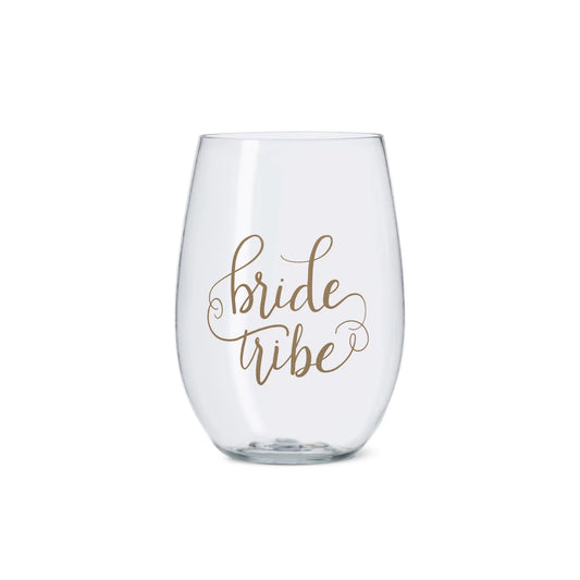 Bride/Bridesmaid Durable Plastic Stemless Wine Cups with Gold Logo 16 oz.